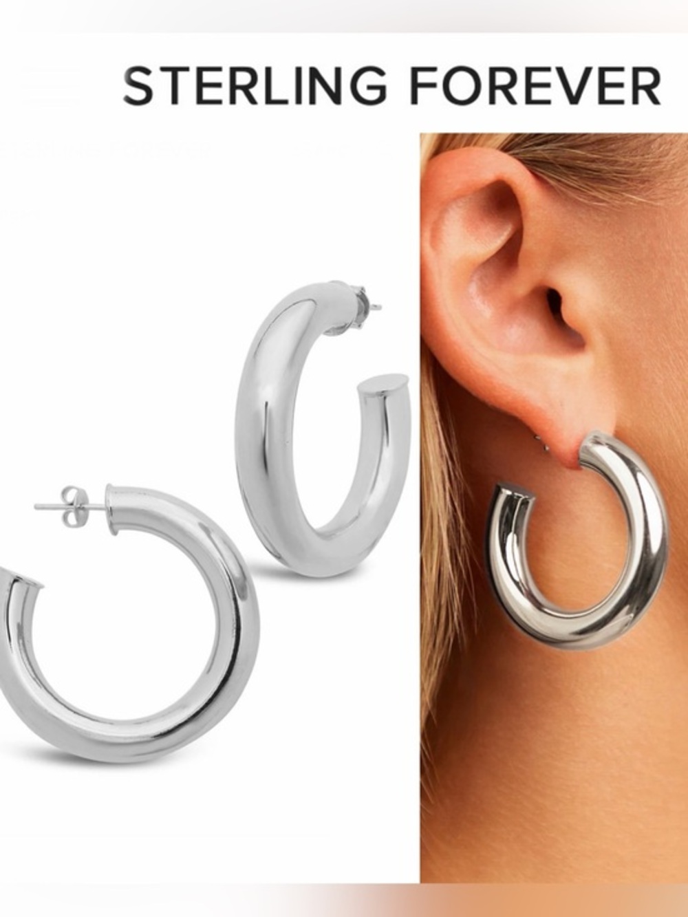 Sterling Forever Thick Hollow Silver Chunky Hoop Earrings NWT $84